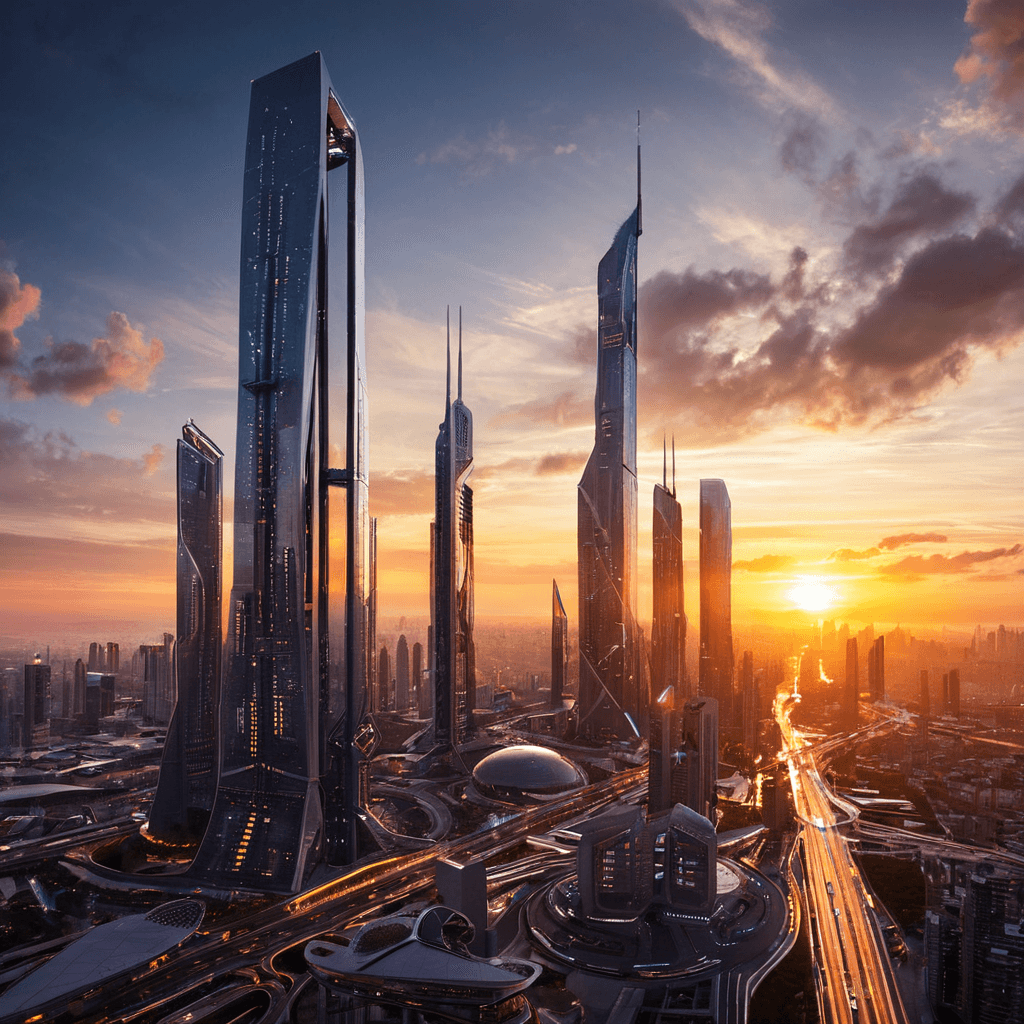 Futuristic cityscape at sunset